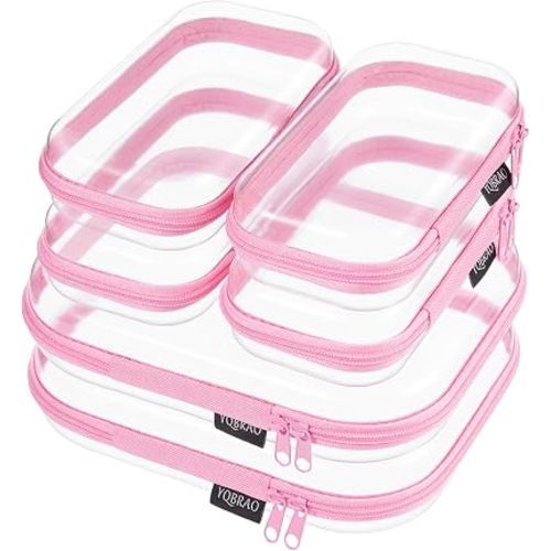 Clear Hard Shell Zipper Cases, 6 Travel Organizers, 2M 4S, Pink