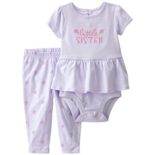 Baby Girls' 'Little Sister' Printed Short-Sleeve Bodysuit & Pants, 2-Piece Set
