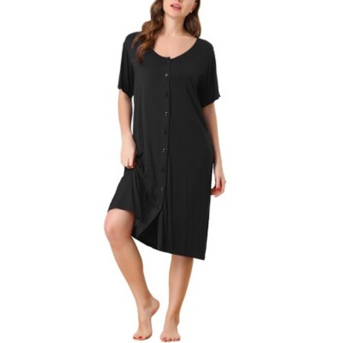 cheibear Womens Modal Nightshirt Soft Button Down Nightgown Short Sleeve Pajama Sleepshirt, Color: Black, Size: x-large