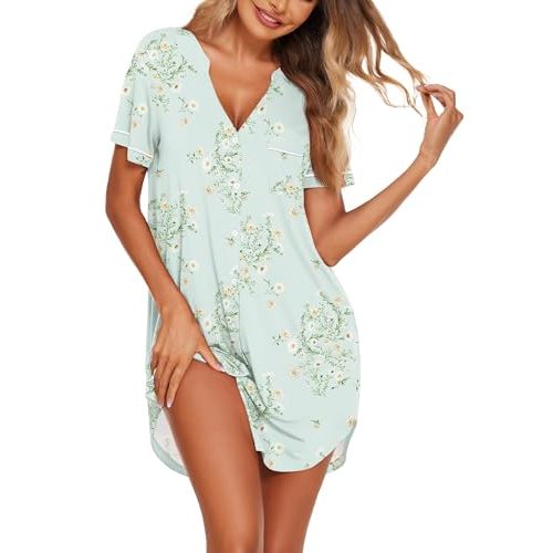 Ekouaer Nightgowns for Women Button Down Night Gown Short Sleeve Sleepshirt | V Neck Nightshirt Soft Sleepwear Pajams Dress for Night, Sleep, Bedroom, Labor, Delivery, Maternity, Nursing, Hospital