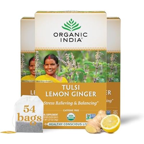 ORGANIC INDIA Tulsi Lemon Ginger Tea Bags, Vegan, 18 Infusion Bags, 3 Pack