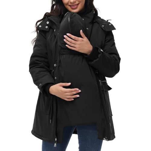 Maacie Maternity 3 in 1 Winter Coat Thicken Quilted Lined Warm Hooded Outwear Long Puffer Down Jacket Parka with Pockets