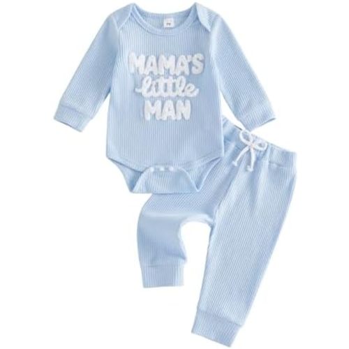 KMBANGI Waffle Knit Baby Boy Clothes Letters Embroidered Romper Pants Set