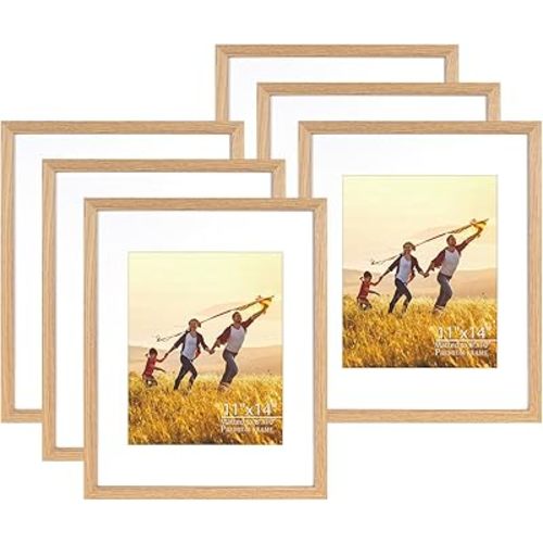 Veelot® 6x 11x14 Picture Frame with Shatter-Resistant HD Plexiglass - Use as 8x10 Frame with Mat or Display 11x14 Photo Without Mat - Thin Border Picture Frames for Wall - Natural Oak