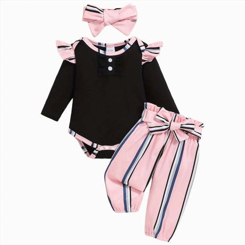 NOLDARES Newborn Baby Girl Fall Winter Clothes Infant Girls Outfits Ribbed Ruffled Long Sleeve Romper Bodysuit Pants Headband Set(Pink,0-3 M)