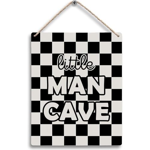 FUGWN Black and White Checkered Little Boy Room Hanging Wooden Signs 8x10, Black Little Man Cave Checkerboard Decor for Little Toddler Boy Nursery, Preppy Checkered Home Decor Gifts for Boys Kids
