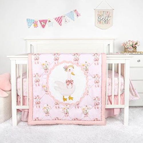 4-Piece Crib Bedding Set for Girls, Baby Nursery Bedding Sets Pink Includes Comforter, Fitted Crib Sheet, Crib Skirt, and Diaper Stacker, Soft Standard Size Crib Comforter Set, Goose