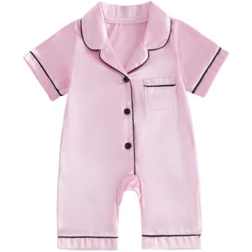 Biayxms Newborn Baby Boy Girl Silk Pajamas Romper Shorts Sleeve Button Down Satin One Piece Onesie Pjs Infant Sleepwears