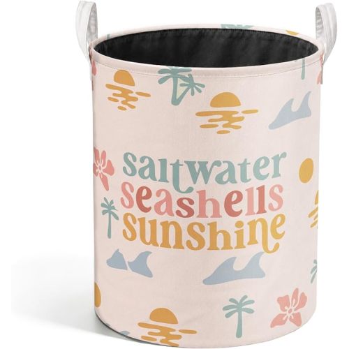 Pink Boho Summer Beach Laundry Basket, Coastal Sunshine Botanical Ocean Laundry Hamper Waterproof Collapsible Clothes Toys Storage Bin Organizer for Bedroom Bathroom Home
