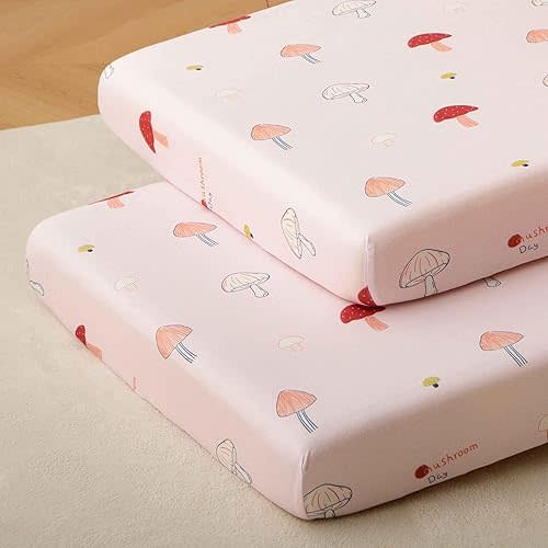 SDY Mushroom Crib Sheet 52"×28"×8",Fitted Crib Fitted Sheet set2,Breatheable and Easy to Clean Jersey Crib Sheet for Standard Crib and Toddler Mattress(Multicolored Mushroom)
