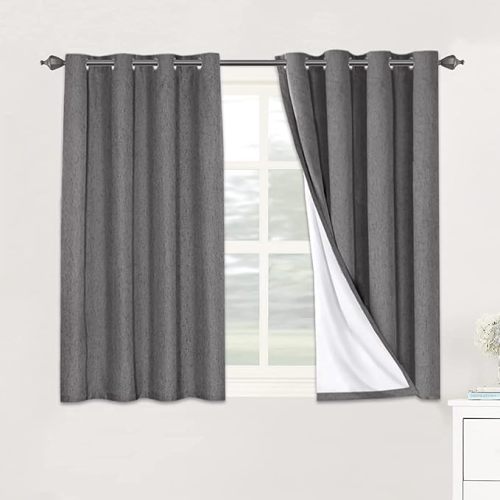 H.VERSAILTEX Linen Blackout Curtains 45 Inches Long 100% Blackout Thermal Insulated Textured Linen Look Curtain Draperies Anti-Rust Grommet, Energy Saving with White Liner, 2 Panels, Dove Gray