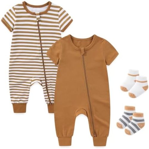 Baby Boy Girl 2-Pack Rompers with Socks 0-18M Toddler Unisex Zipper Short Sleeve Jumpsuits Clothes