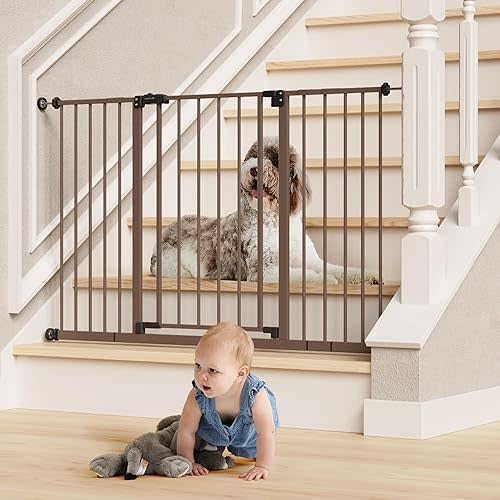 InnoTruth 28.9-49" Baby Gate for Doorways, 30" Tall Extra Wide Doggy Gates for Stairs One-Hand Opening, Easy Walk Thru Dual Lock Dog Gates for The House, Kitchen, Balcony, Easy Install Kid Gate,Brown