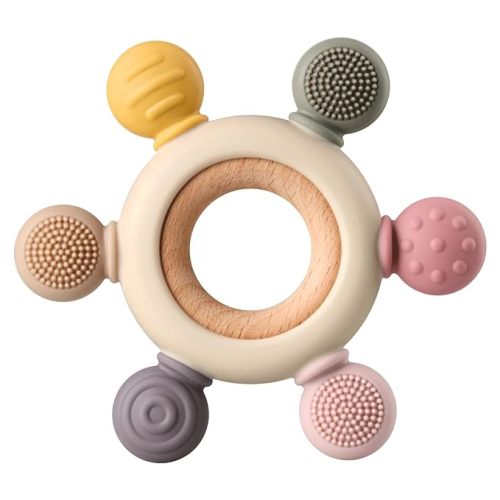 Baby Teething Toys, Silicone Chewable Toys with Organic Wooden Ring for Infants 3+ Months, Silicone Teething Toys for Soothing Sore Gums, Sucking Needs (6 Directions, Khaki)