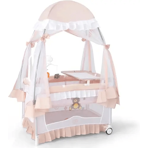 BABY JOY 4 in 1 Pack and Play with Canopy, Portable Baby Playard with Bassinet, Double-Layer Baby Crib, Wheels & Brake, Foldable Baby Girl Pink Bassinet from Newborn to Toddler