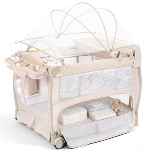 Kinder King 5-in-1 Baby Playard with Bassinet, Bedside Sleeper, Changing Table, Canopy & Side Zipper, Portable Baby Playard