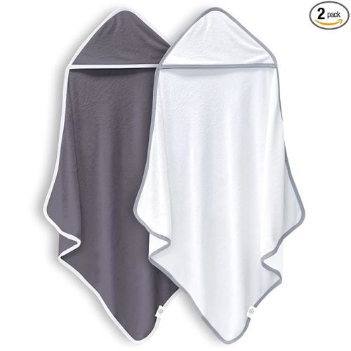 2 Pack Baby Bath Towel - Rayon Made from Bamboo, Ultra Soft Hooded Towels for Babies,Toddler,Infant - Newborn Essential -Perfect Baby Registry Gifts (White and Dark Grey, 30x30 Inch)