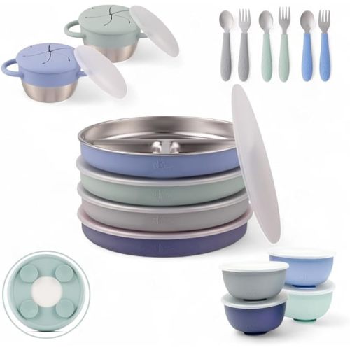 Elk and Friends Kids Stainless Steel Mealtime Bundle | Plates, Bowls, Snack Cups + Toddler Utensils | Silicone Suction Sleeves + Travel Storage Lids | Meals + Snacks | Dishwasher Safe : Baby
