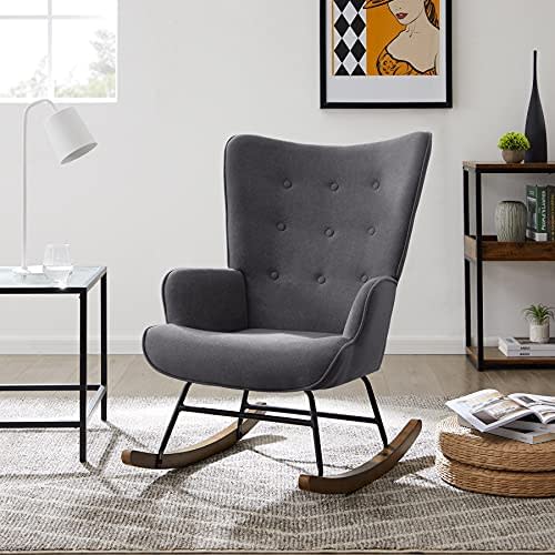 Tribesigns Solid Wood Rocking Chair, Modern Armchair Rocker Chair Upholstered Nap Chair, Lounge Chair Single Sofa Reading Chair with Solid Wood Legs for Nursery Living Room Bedroom (Anthracite Gray)