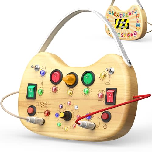 UdoUto Montessori Wooden Busy Board for Toddlers with LED Light Lights & Switches,Portable Activity Board for Car & Airplane Travel Toys, Christmas & Birthday Gift for 1-3 Year Old Boys & Girls