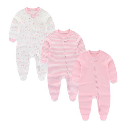 Zavbaby Newborn Soft Cotton Two-way Zipper Footed Pajamas, 3-Pack，Sizes 0-12 Months