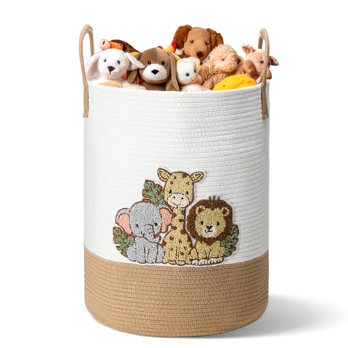 LemonRoad Wild Animals Laundry Hamper Large Cotton Rope Storage Basket Woven Storage Bucket with Handles for Bathroom Bedroom Nursery Toy Clothes Organizer, 60 L