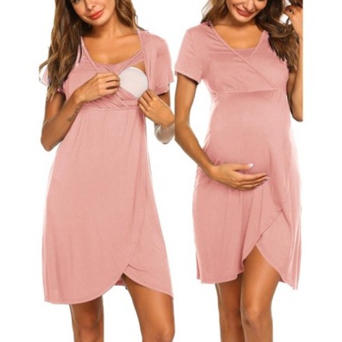 Ekouaer Nursing Nightgown 3 In 1 Maternity Nightgown Short Sleeve Nursing Gown Breasfeeding Sleepwear Delivery Dress&nbsp;Pink&nbsp;S