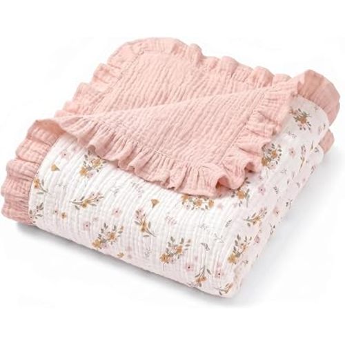 Muslin Baby Blanket for Girls with Ruffled Edges, 41"x41" (Pink)