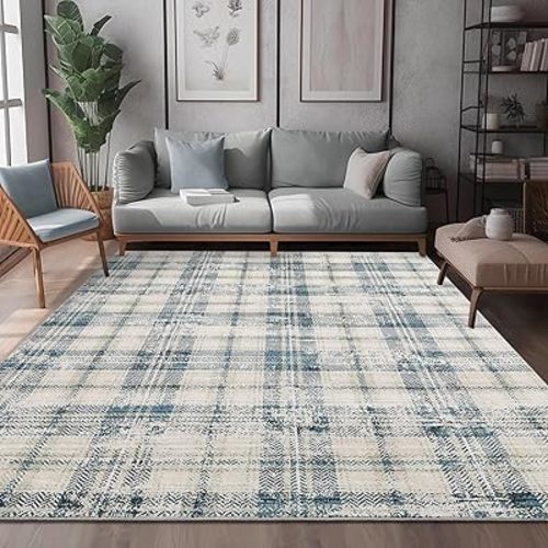 IMINROME Area Rug 9x12 Machine Washable Rug Irregular Plaid Non Slip Non Shedding Rugs Low Pile Foldable Stain Resistant Indoor Carpet for Living Room Bedroom Home Office, Blue/Beige, 9'x 12'