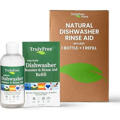 Truly Free Natural Dishwasher Booster & Rinse Aid - Non-Toxic Dishwashing Aid Formula, Removes Residue & Tough Dish Stains, Water Spot Remover - Includes: 1 Reusable Empty 12 oz Bottle & 1 Refill