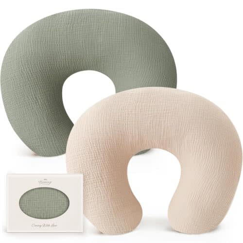 Konssy 2-Pack 100% Cotton Muslin Nursing Pillow Covers, Soft Cover for Baby | Covers Only, Breastfeeding Pillows Slipcovers for Baby Boys & Girls, Hidden Zipper, Machine Washable, (Fog Green, Cream)