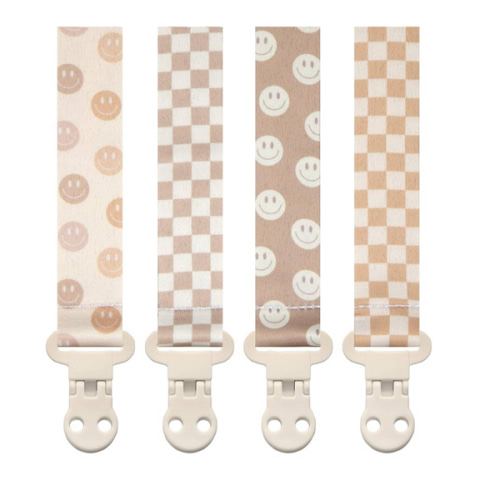 Baby Pacifier Clip Holder - Girl or Boy Unisex 4 Pack Gift Set - Retro Checker and Smiley Faces Design