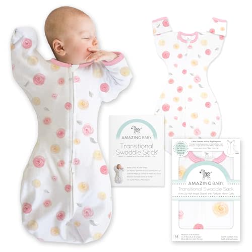 Amazing Baby Transitional Swaddle Sack, Arms Up Half-Length Sleeves & Mitten Cuffs, Swaddle for Newborn Transition to Baby Sleep Sack Wearable Blanket, Sm, 0-3 Month, 6-14 lb, Little Watercolor Roses