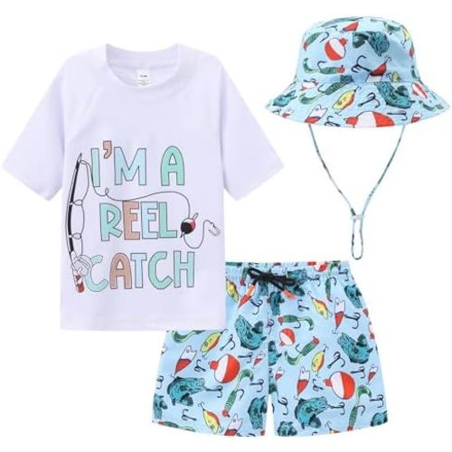 Toddlers and Baby Boys' 3-Piece Rashguard Sets Swimsuits Sets with Hat Surfing Swimwear Sunsuit UPF 50+