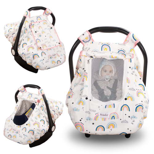 Beavtaens 3-in-1 Baby Car Seat Cover, Winter Carseat Canopy, Soft and Breathable (Rainbows)