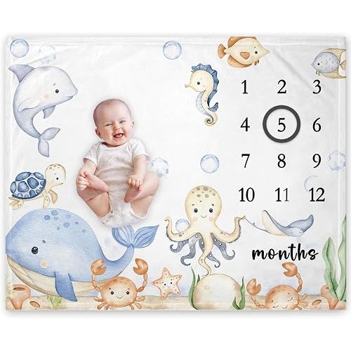 Ocean Baby Milestone Blanket, Under The Sea Growth Chart Monthly Blanket
