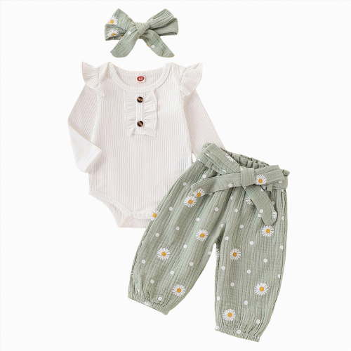 CAICJ98 Newborn Infant Girl Clothes Fall Spring Outfits Rib Knit Romper Daisy Print Pants Headband Baby Clothes for Girls (Light Green,6-12 Months)