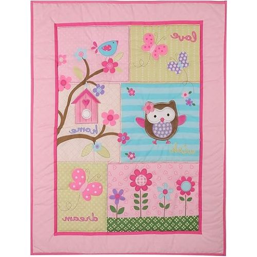 1 PC Pink Embroidery Owl Theme Nursery Crib Comforter Baby Girl Jungle Friends Quilted Blanket