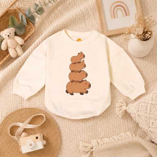 Handmade Capybara Stack Baby Romper, Kawaii Animal Infant Bodysuit, Capybara Lover Outfit