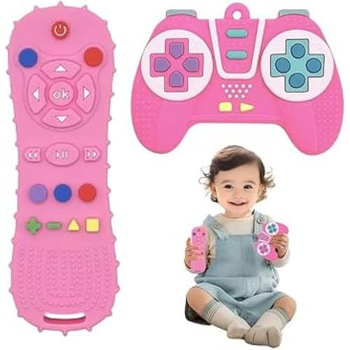 Silicone Teething Toys for Babies 3+ Months TV Remote Control Game Controller Design, Chew Toys for Teething Relief, Boys & Girls, Tummy Time Gift (Pink（Remote Control + Joystick）)