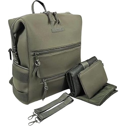 Neoprene Diaper Bag, Minimalist Backpack Diaper Bag with Pouch, Changing Pad, and Stroller Straps, Water Resistant and Lightweight Dad Diaper Bag, Diaper Bag Backpack - Olive