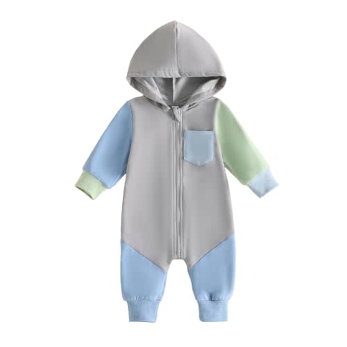 Baby Boy Hooded Romper Color Block Zip Up Jumpsuit Infant Toddler Clothes | Infant Fall Winter Outfit Long Sleeve Zipper Cotton Sweatshirts with Hood Pocket for Newborn 0-3M 3-6M 6-12M 12-18M