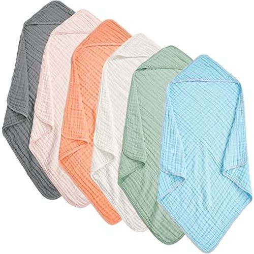 Muslin Hooded Baby Towels 6 Pack - 32x32 Inches, Premium 6-Layer 100% Cotton Extra Soft Absorbent Bath Towels for Infant, Newborn Gift Set (6 Pure Colors)