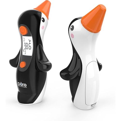 Pure Enrichment® PureBaby® Penguin Ear Thermometer - InstaRead™ Technology, LCD Backlit Display, 10 Memory Settings, Dual Scale Readings, Fever Alert, & Cover - Ideal for All Ages, Babies and Children