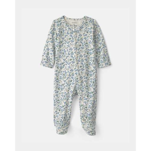 Baby Girl Floral 100% Cotton 2-Way Zip Sleep & Play Pajamas - Blue/Ivory