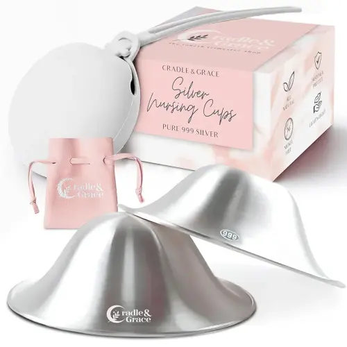 Cradle & Grace Pure 999 Silver Nursing Cups with White Carrying Case, Silver Nipple Shields for Breastfeeding Newborn, Silver Nipple Covers Breastfeeding Kit, X-Large