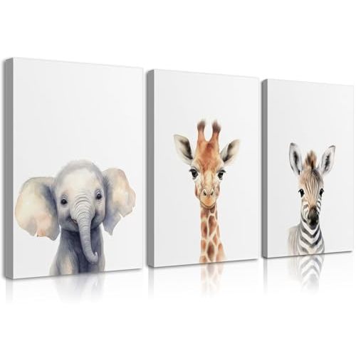 Framed Kid'S Room Animals Wall Art Pictures Set of 3 Cute Giraffe Zebra Elephant Canvas Prints Woodland Nursery Posters Watercolor Wall Decor Painting For Baby Boys And Girls Room 16x24in