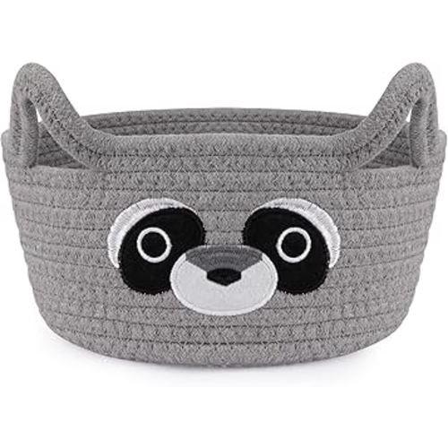 Small Storage Basket for Nursery, Raccoon Storage Basket, Round Woven Rope Cotton Storage, Baby Blanket 0rganizer with Ears Handles, Animal Blanket Towel Decor Storage Bins, 8.2"D x 4.7"H IN