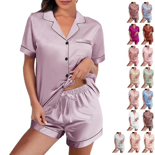 WJing Yi Jia Womens Silk Satin Pajamas Loungewear Two-Piece Sleepwear Button-Down Floral Pj Set XS-4XL