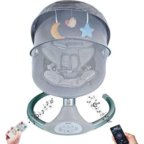 Baby Swing with Remote Control, Grey Fabric Seat, Musical Mobile with Moon and Stars, Adjustable Settings (Silver Gray)